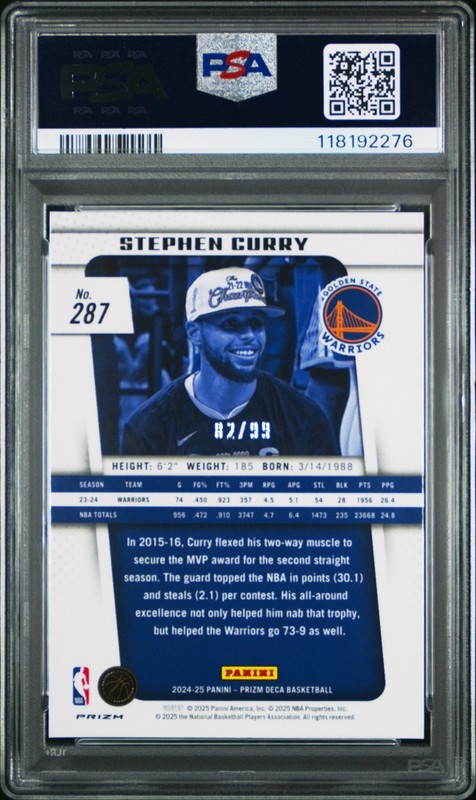 2024-25 Panini Prizm Deca Stephen Curry Purple /99 #287 PSA 10 Gem Mint view 2