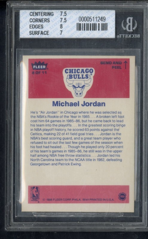 1986-87 Fleer Stickers Michael Jordan Rookie #8 BGS 7.5 NM+ view 2