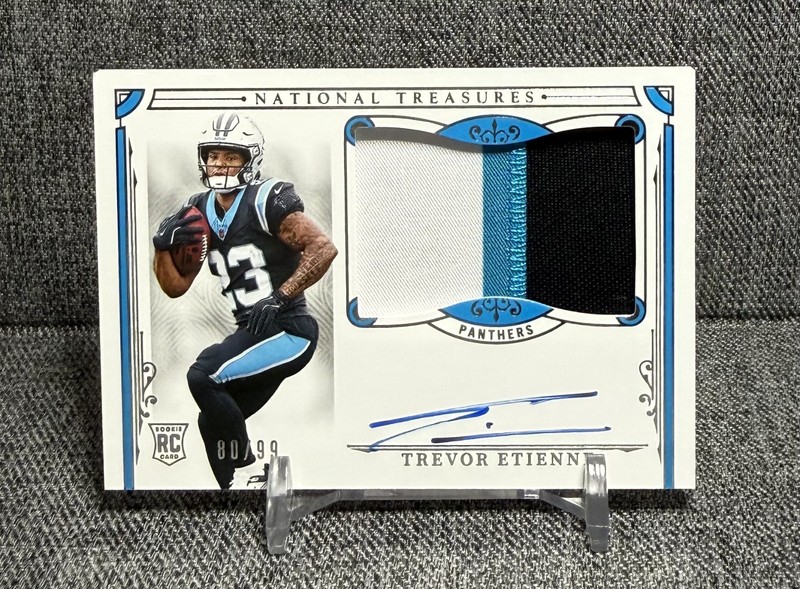 2025 National Treasures Trevor Etienne /99 Rookie Patch Auto RPA No 167 Panthers