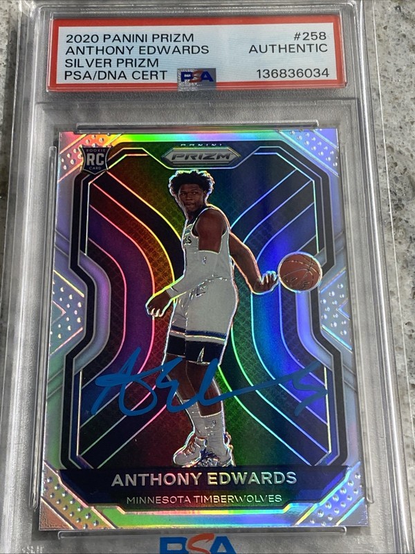 2020 Prizm Silver #258 Anthony Edwards Signed RC Blue Paint AUTO PSA DNA Auth