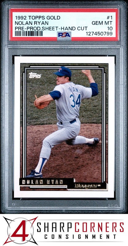1992 TOPPS GOLD PRE-PRODUCTION SHEET HAND CUT #1 NOLAN RYAN HOF PSA 10