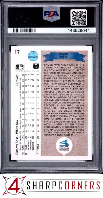 1990 UPPER DECK STAR ROOKIE #17 SAMMY SOSA RC WHITE SOX PSA 10 view 2