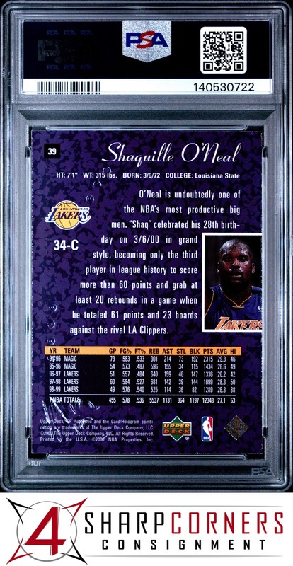 1999 SP AUTHENTIC #39 SHAQUILLE O'NEAL LAKERS HOF PSA 10 view 2