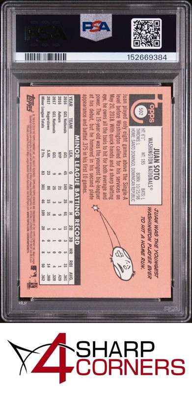 2018 TOPPS HERITAGE #502 JUAN SOTO RC PSA 10 view 2
