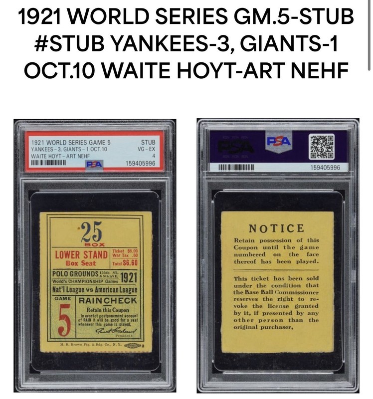 1921 World Series Ticket Stub Game 5 - BABE RUTH 1st WS w/ Yankees - PSA VG-EX 4