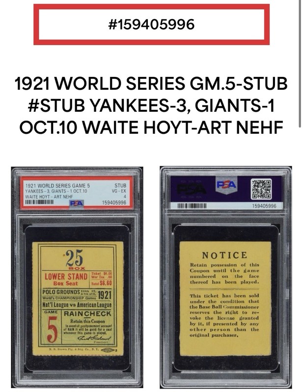 1921 World Series Ticket Stub Game 5 - BABE RUTH 1st WS w/ Yankees - PSA VG-EX 4 view 2