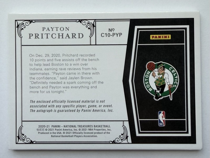 Payton Pritchard 2020-21 National Treasures RPA Auto Patch RC /10 Celtics Rookie view 2