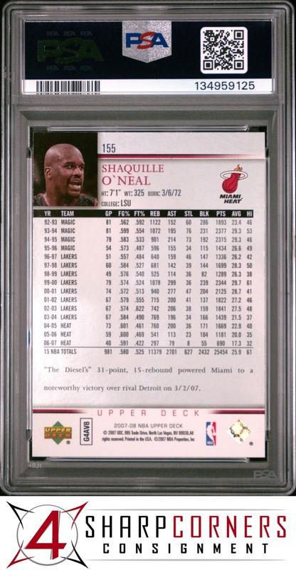 2007 UPPER DECK #155 SHAQUILLE O'NEAL HEAT HOF PSA 10 view 2