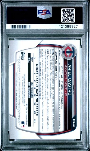 2023 Bowman Chrome Ariel Castro Chrome Prospect Autograph Refractor /499 PSA 10 view 2
