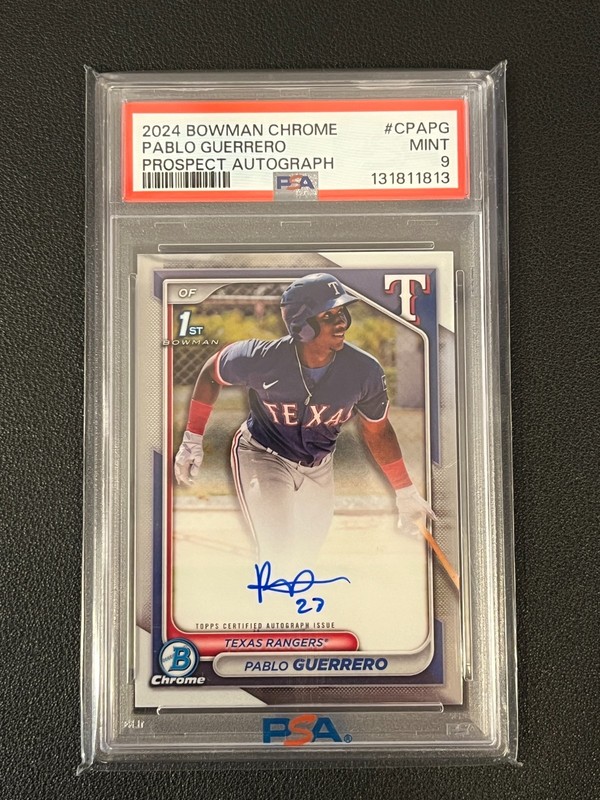 Pablo Guerrero 2024 Bowman Chrome 1st Auto Prospect Rangers PSA 9 view 1