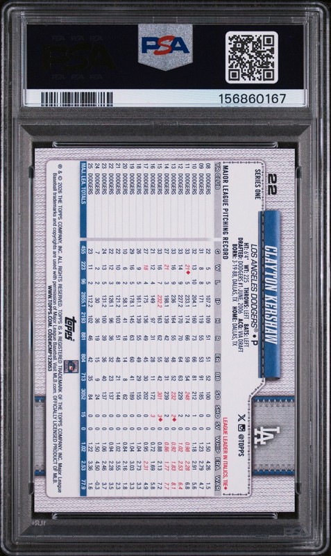 2026 Topps #22 Clayton Kershaw PSA 9 Full Career Stats MINT view 2