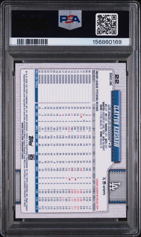 2026 Topps #22 Clayton Kershaw PSA 9 Full Career Stats MINT view 2