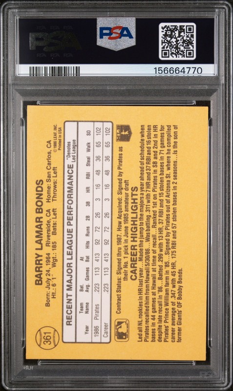 1987 Donruss #361 Barry Bonds PSA 9 Rookie RC MINT view 2