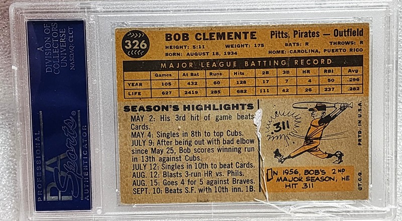 1960 TOPPS #326 ROBERTO CLEMENTE PIRATES HOF CRACKED CASE BARGAIN vg - ex  PSA 4 view 2