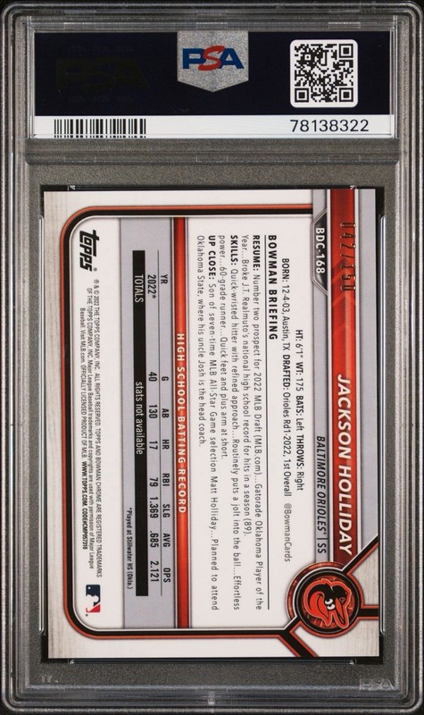 2022 Bowman Chrome JACKSON HOLLIDAY True Blue Refractor /150 Rookie RC PSA 10 view 2