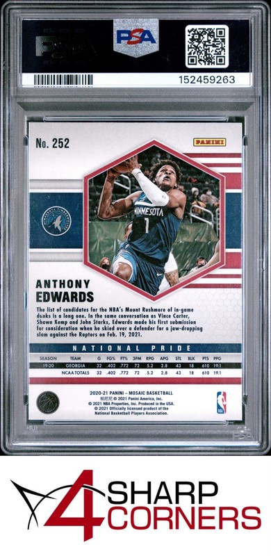 2020 PANINI MOSAIC #252 ANTHONY EDWARDS RC TIMBERWOLVES PSA 9 view 2
