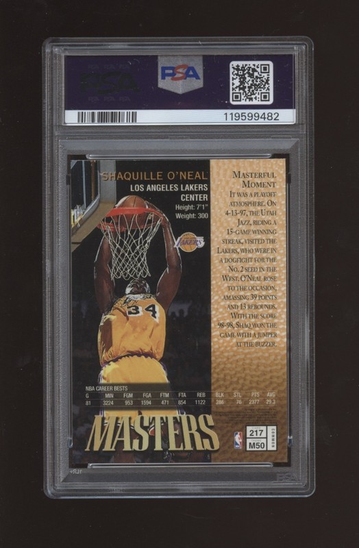 1997-98 Topps Finest Shaquille O'Neal #217 w Coating PSA 9 Mint LA Lakers HOF view 2