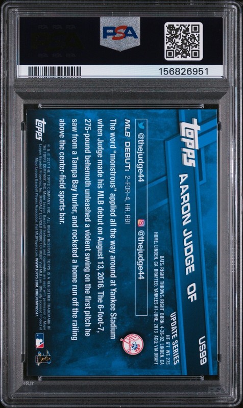 AARON JUDGE 2017 TOPPS UPDATE #US99 ROOKIE DEBUT RC YANKEES PSA 10 view 2