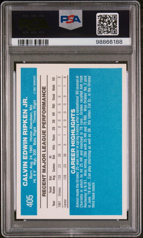 1982 Donruss Cal Ripken JR. #405 PSA 10 view 2