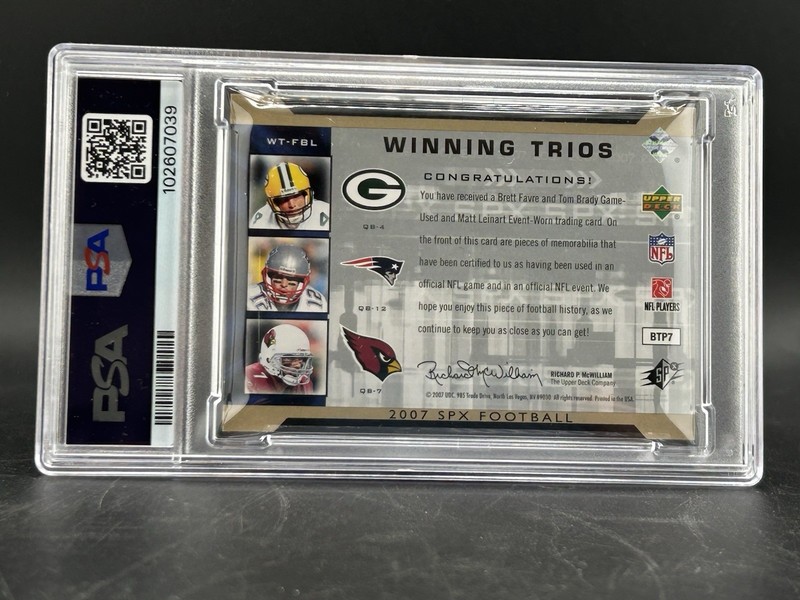 2007 SPx Winning Trios Jersey Brett Favre Tom Brady Game Used Patch Gold PSA 8 view 2
