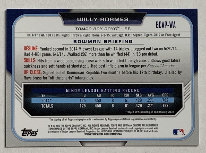 2015 Bowman Chrome Willy Adames #BCAP-WA 1st Bowman Auto view 2