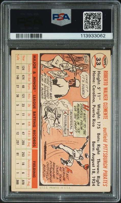 1956 Topps Roberto Clemente #33 White Back PSA 3 view 2