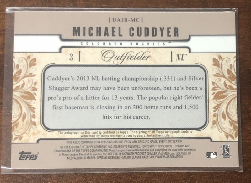 2014 Topps Triple Threads Michael Cuddyer Game Used Jersey Auto Autograph #03/75 view 2