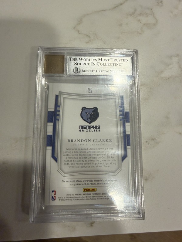 2019-20 National Treasures Rookie Patch Auto Logoman Brandon Clarke 1/1 BGS 8.5 view 2