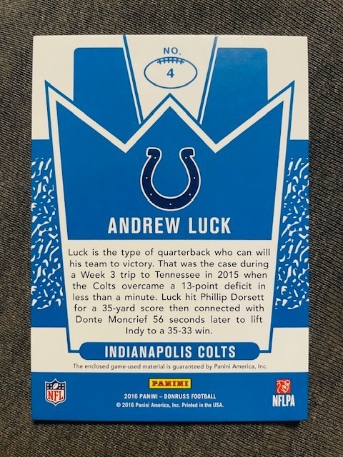2016 Panini Donruss Andrew Luck Kings Game Used Worn Jersey Relic Card Rare view 2