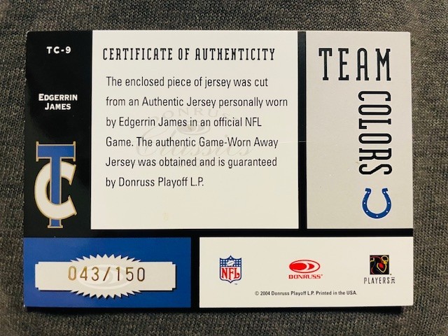 2004 Donruss Classics Edgerrin James Game Used Worn Jersey Relic Card /150 Rare view 2