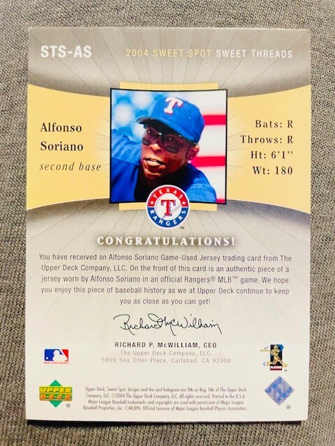 2004 Upper Deck Sweet Spot Alfonso Soriano Game Used Worn Jersey Relic Card view 2