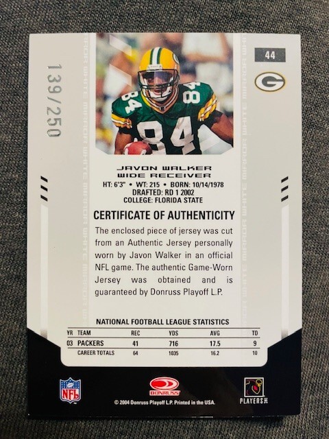 2004 Leaf Certified Materials Javon Walker Game Used Worn Jersey Relic /250 Rare view 2