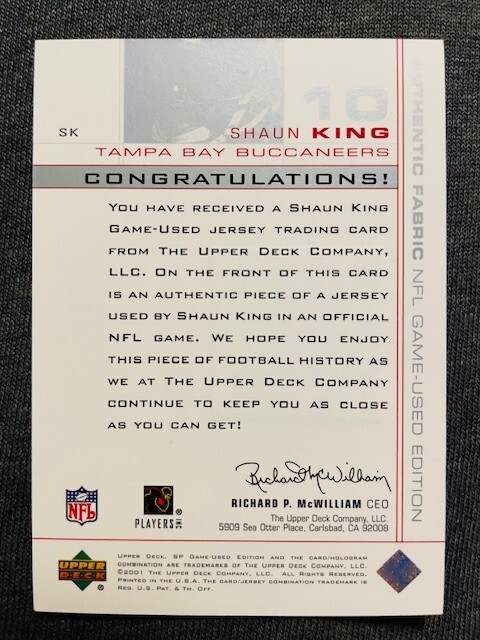2001 SP Game Used Edition Shaun King Authentic Fabric Game Used Worn Jersey Card view 2