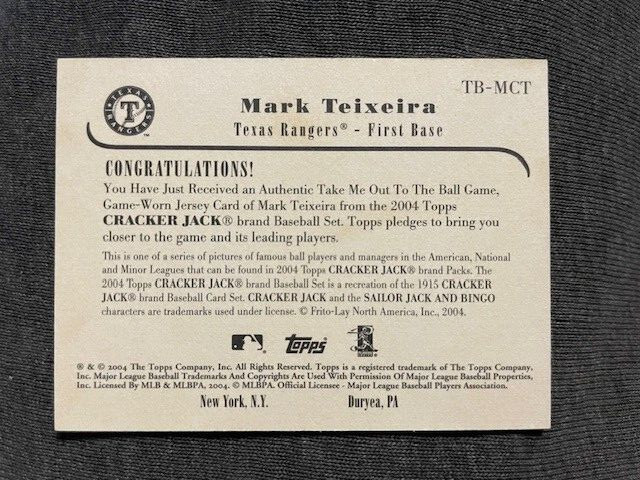 2004 Topps Cracker Jack Mark Teixeira Game Used Worn Jersey Relic Card Mint view 2