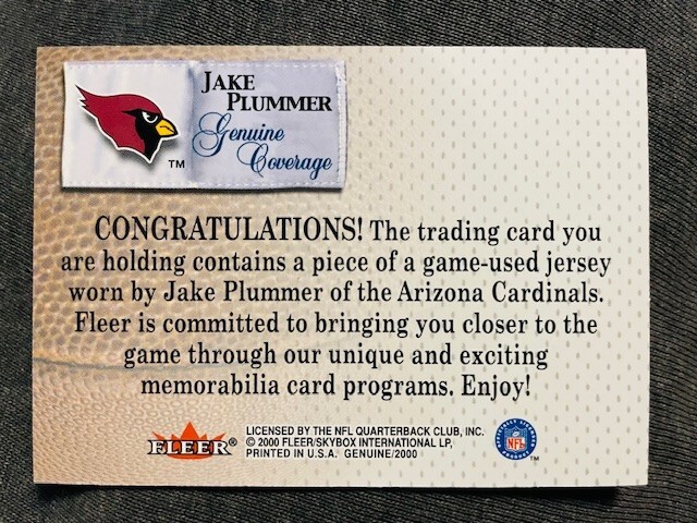 2000 Fleer Genuine Coverage Jake Plummer Game Used Worn Jersey Relic Card view 2