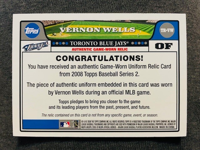 2008 Topps Vernon Wells Game Used Worn Jersey Uniform Relic Card Retail view 2