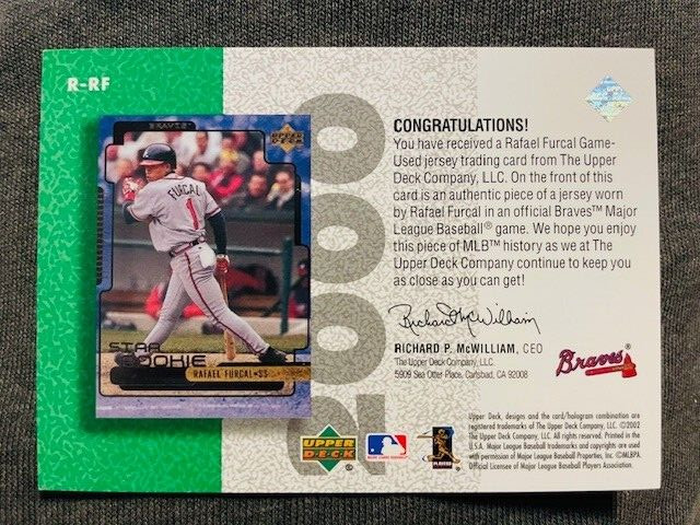 2002 Upper Deck UD Authentics Rafael Furcal Game Used Worn Jersey Relic Card view 2