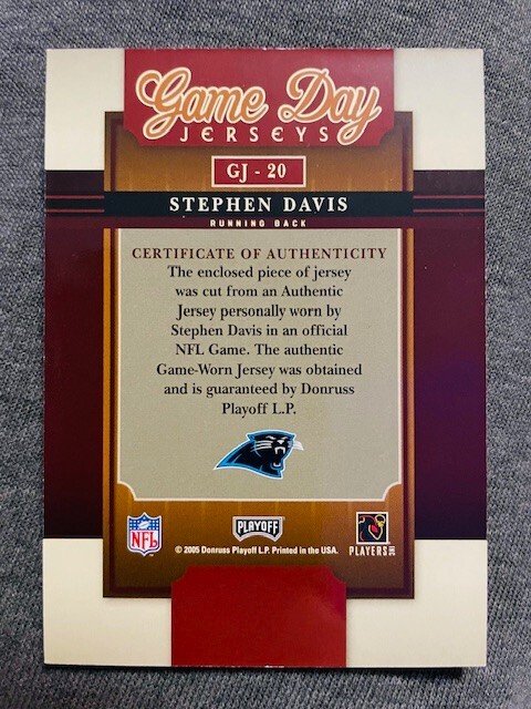 2005 Playoff Prestige Stephen Davis Game Day Game Used Worn Jersey Relic Card view 2