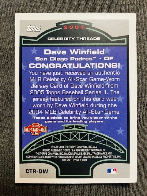 2005 Topps Dave Winfield Celebrity Threads All-Star Game Used Worn Jersey Relic view 2