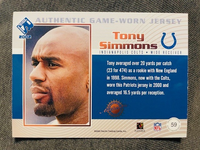 2002 Pacific Private Stock Reserve #59 Tony Simmons Game Used Worn Jersey Relic view 2