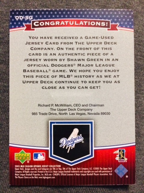 2005 Upper Deck Shawn Green MLB Collection Game Used Worn Jersey Relic Card view 2