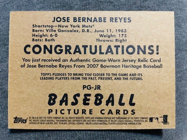 2007 Bowman Heritage Jose Reyes Pieces Of Greatness Game Used Worn Jersey Relic view 2
