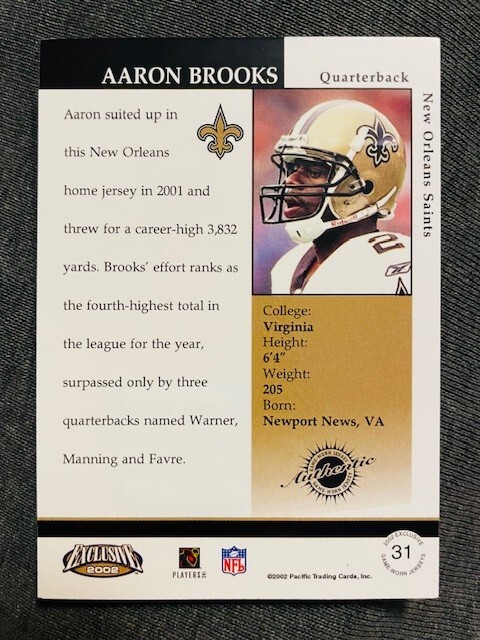 2002 Pacific Exclusive Aaron Brooks Game Used Worn Jersey Relic Card view 2