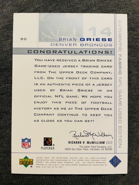 2001 SP Game Used Edition Brian Griese Authentic Fabric Game Used Worn Jersey view 2