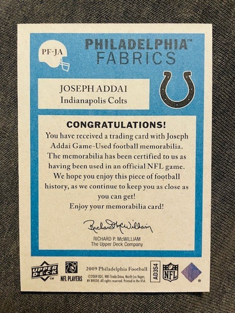 2009 Upper Deck Philadelphia Joseph Addai Fabrics Game Used Worn Jersey Relic view 2