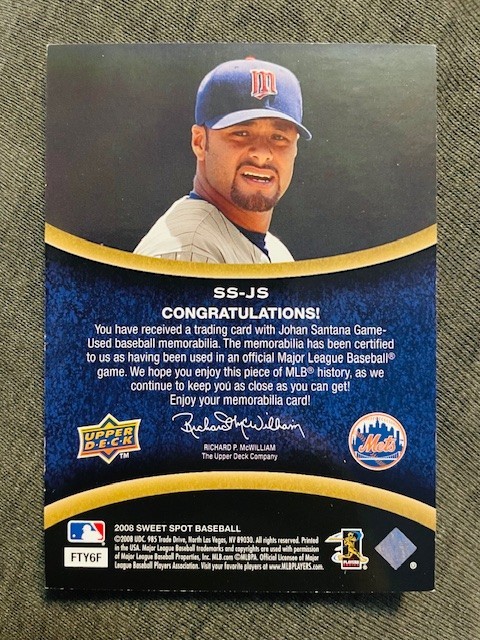 2008 Upper Deck Sweet Spot Johan Santana Swatch Game Used Worn Jersey Relic Card view 2