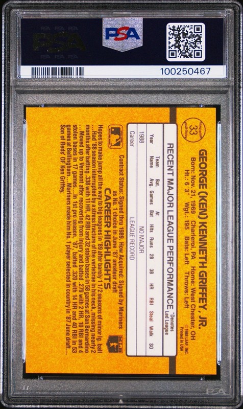1989 Donruss #33 KEN GRIFFEY JR. - RC - Rookie - PSA 9 - MINT !!! view 2