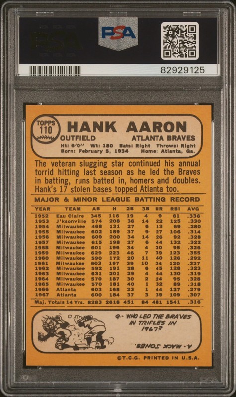 1968 Topps Hank Aaron #110 PSA 7 view 2