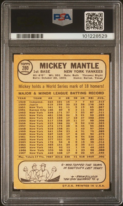 1968 Topps Mickey Mantle #280 PSA 2 view 2