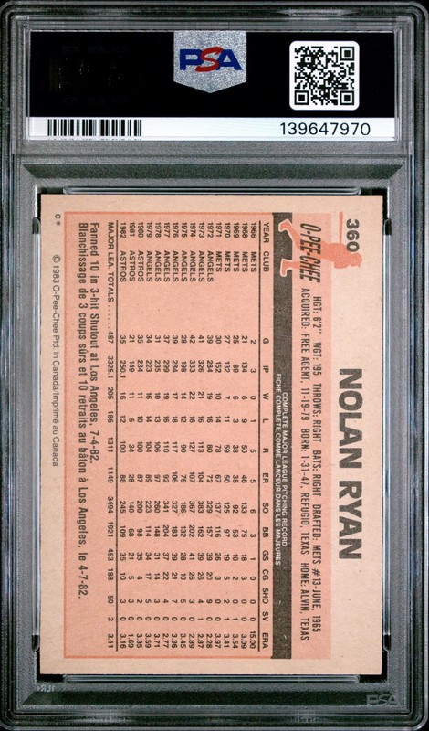 1983 O-Pee-Chee Nolan Ryan #360 PSA 9 view 2